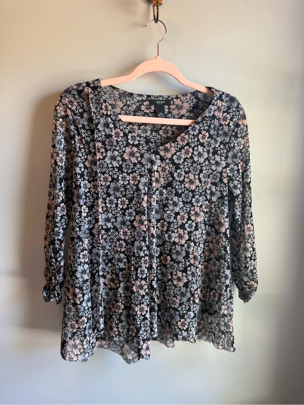 Alfani Petite Black Floral V-Neck Blouse with Pink and Gray-Blue Flowers PL